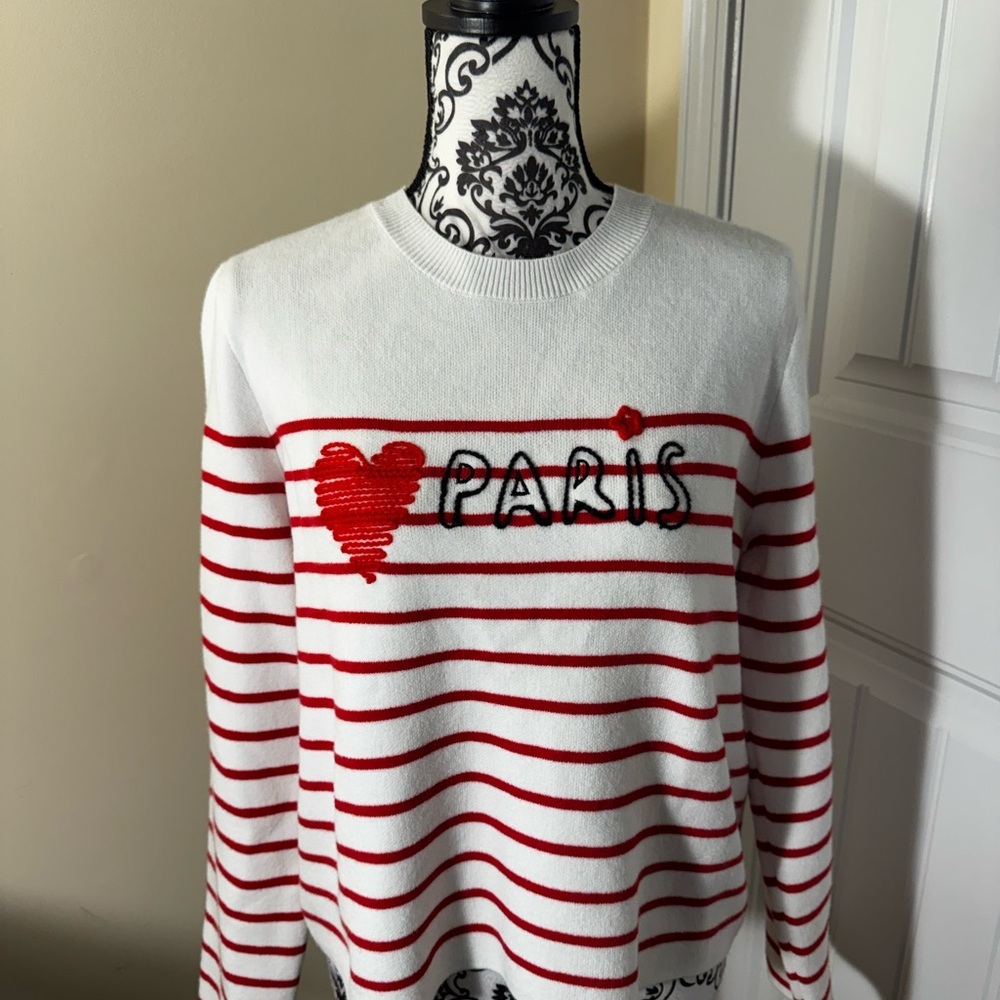 Calligraphie Paris Heart Striped Sweater - Red & White Size Large, NWT